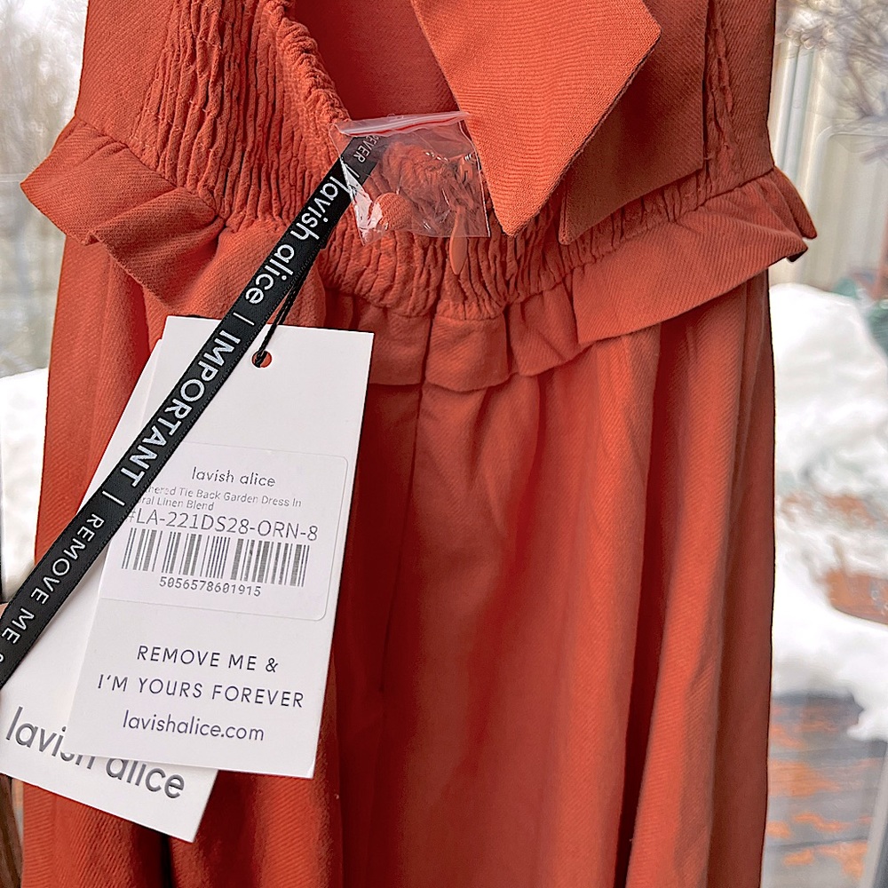 Lavish Alice: Ruffled Tie Back Garden Spring Midi Dress in Coral Linen Blend - Picture 4 of 16